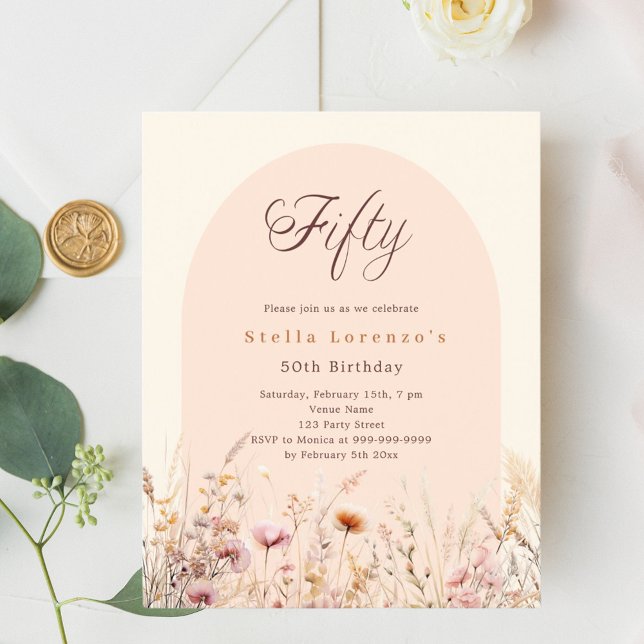桃ベージュの野花50歳の誕生日の招待状 (クリエイターアップロード済み)