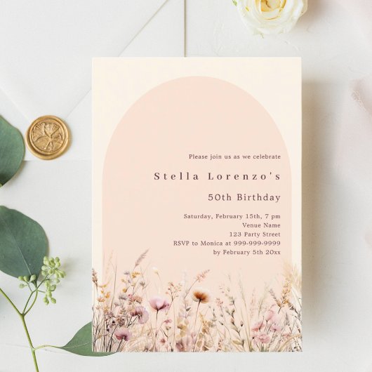 桃ベージュ野花花模様誕生日 招待状