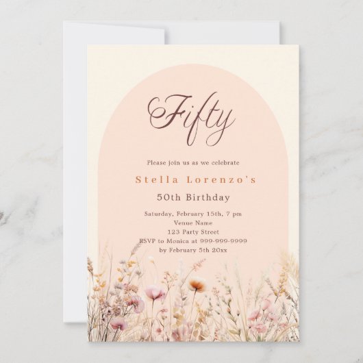 桃ベージュ野花花模様50歳の誕生日 招待状 (正面)