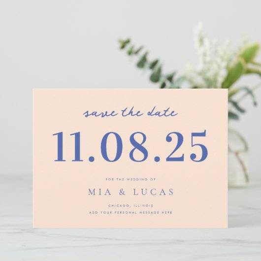 桃ミニマル青シック結婚の日付非写真 セーブザデート (スタンド正面)