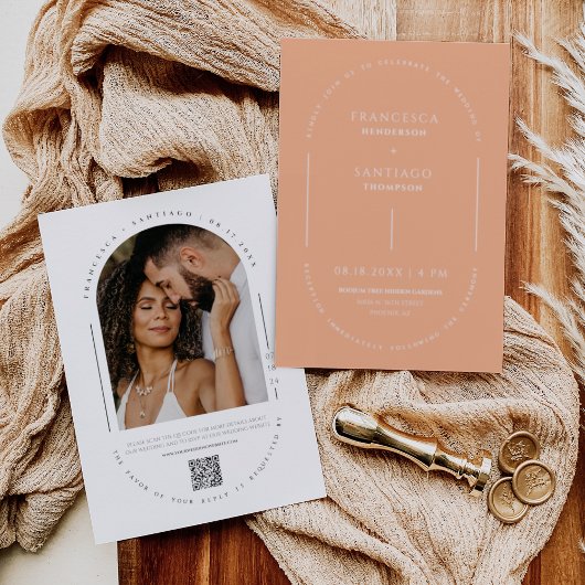 桃モダンアーチQRコー結婚ドの写真 招待状