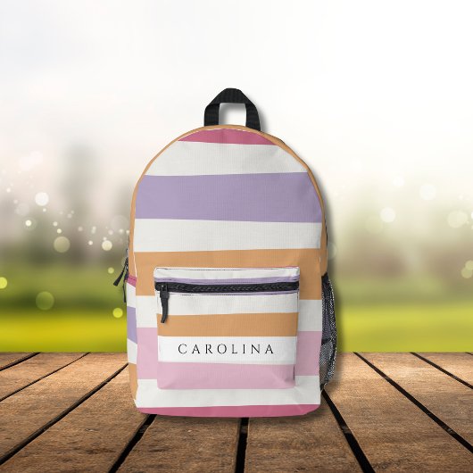 桃モダンストライプの、ピンク、ラベンダー、ホワイトガール プリントバックパック