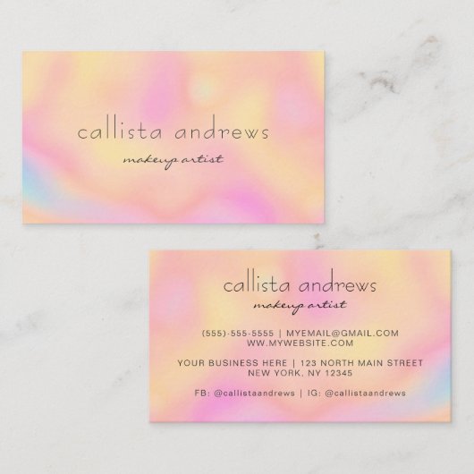 桃モダンホログラフィックレインボーメイクアップアーティスト 名刺 (正面/裏面)