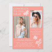 桃モダン蝶の写真卒業パーティー 招待状 (正面)