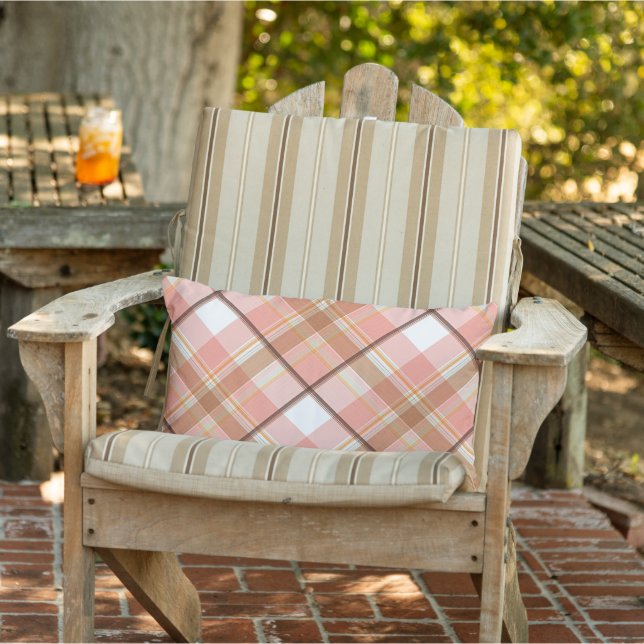 桃モダン赤オレンジ白い茶色の格子模様 アウトドアクッション (椅子)