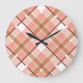 桃モダン赤オレンジ白い茶色の格子模様 ラージ壁時計 (正面)
