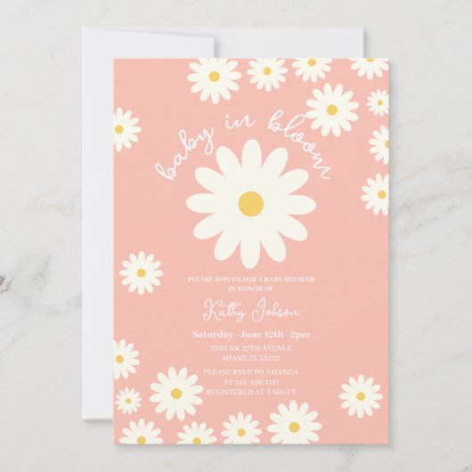 桃レトログルーヴィデイジーベビーイン開花シャワー 招待状 (正面)