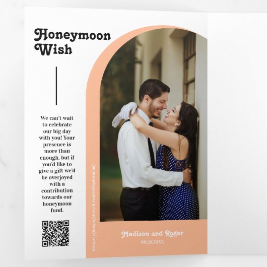 桃レトロボホアーチフォトQRコード結婚ズ 三つ折り招待状 (内部最初)