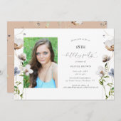 桃ワイルドフラワー書道誕生日パーティー 招待状 (正面/裏面)