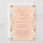 桃ヴィンテージフローラ秋男の子の赤ちゃんシャワー 招待状 (正面)