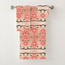 桃及び墨色の黒いフローラタオルセット