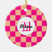 桃市松模様にホットピンク幾何学模様レトロモノグラム セラミックオーナメント (正面)