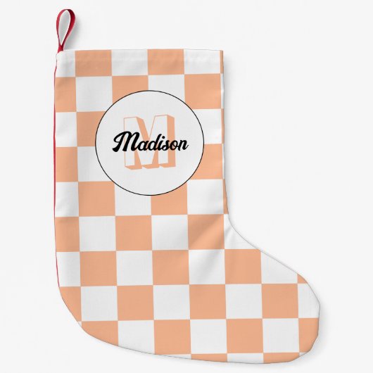 桃市松模様に白幾何学レトロモノグラム スモールクリスマスストッキング (正面)