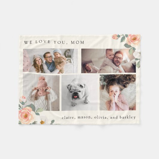 桃数々のの花を持つ母の写真立て フリースブランケット (正面(横))