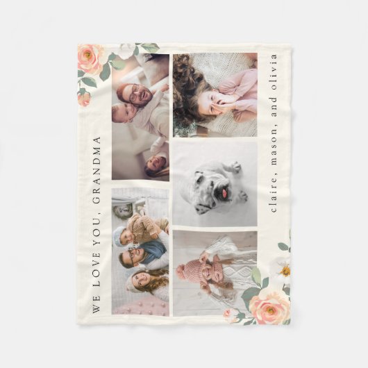 桃数々のの花を持つ祖母のためのフォトグリッド フリースブランケット (正面)