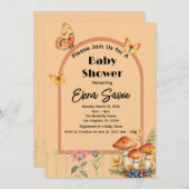 桃秋ウッドランドバタフライマッシュルームベイビーシャワー 招待状 (正面/裏面)