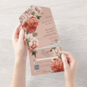 桃素朴と錆の牡丹オン桃QRコード オールインワン招待状 (貼ってはがせる)