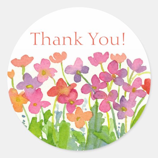 桃紫色の水彩の花ありがとう ラウンドシール (正面)