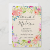 桃色かわいらしの水彩フローラ誕生日 招待状 (正面)