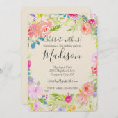 桃色かわいらしの水彩フローラ誕生日 招待状 (正面/裏面)