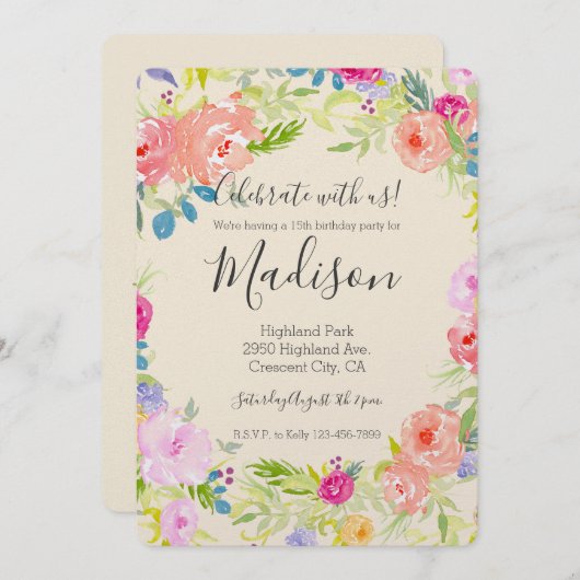 桃色かわいらしの水彩フローラ誕生日 招待状 (正面/裏面)