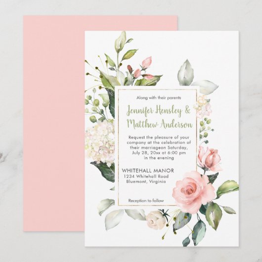 桃色とソフトピンクと白のバラのフレーム ウェディング 招待状 (正面/裏面)