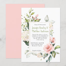 桃色とソフトピンクと白のバラのフレーム ウェディング 招待状