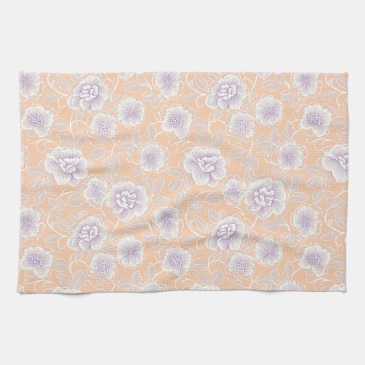 桃色とラベンダーの花柄 キッチンタオル (横)