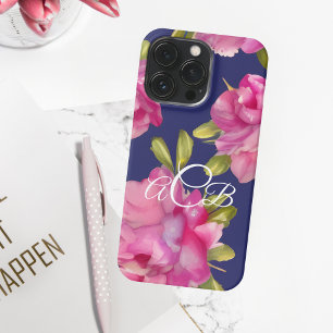 桃色と海軍色の花モノグラム iPhone 13 PROケース