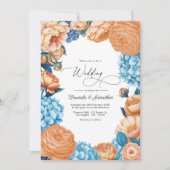 桃色と空色の水彩花イラストの結婚式QRコード付招待状 招待状 (正面)