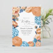 桃色と空色の水彩花イラストの結婚式QRコード付招待状 招待状 (スタンド正面)