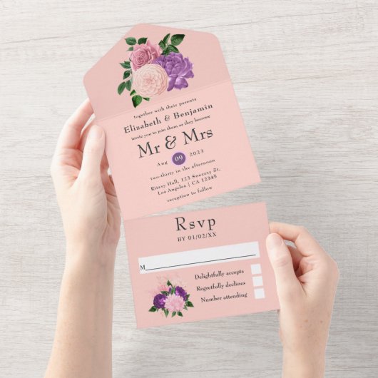 桃色と紫のフローラ結婚が一斉に オールインワン招待状 (貼ってはがせる)