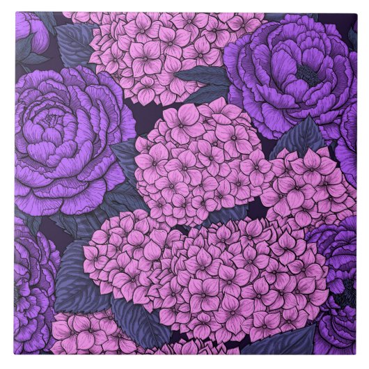 桃色と紫紫色の牡丹と紫陽花 タイル (正面)