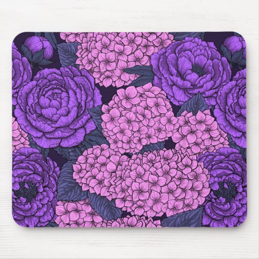 桃色と紫紫色の牡丹と紫陽花 マウスパッド (正面)