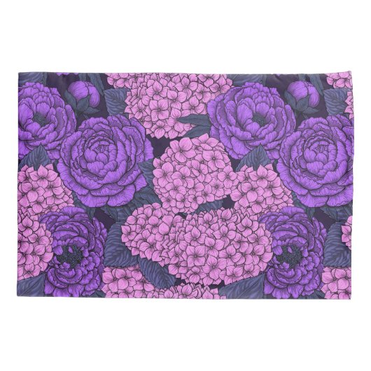 桃色と紫紫色の牡丹と紫陽花 枕カバー (裏面)