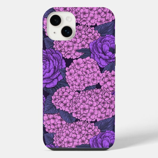 桃色と紫紫色の牡丹と紫陽花 iPhoneケース (裏面)