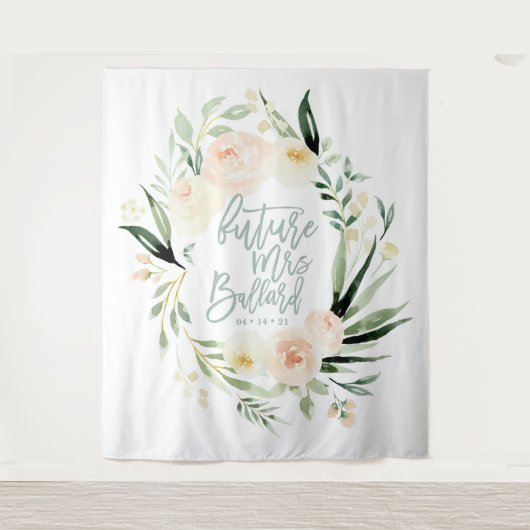 桃色と緑の水彩花のウェディングシャワーデコレーション タペストリー (正面)