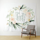 桃色と緑の水彩花のウェディングシャワーデザイン タペストリー (インサイチュ(横))