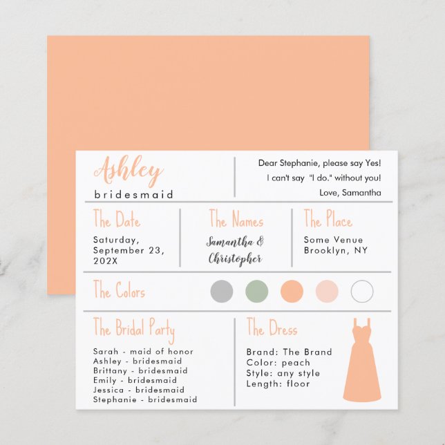 桃色のドレスカラーブライドメイドインフォメーションカード (正面/裏面)