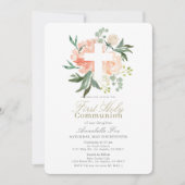桃色のバラと白い十字架の少女 初めての聖体拝領 招待状 (正面)