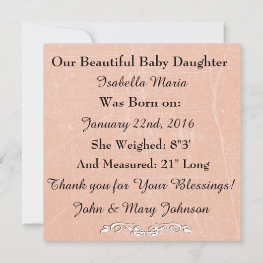桃色のベビーガール誕生のお知らせ 案内状 (裏面)
