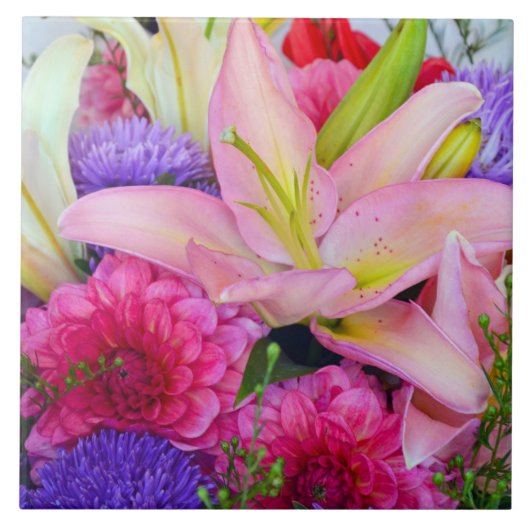 桃色のユリとダリアの花プリントセラミックタイル タイル (正面)