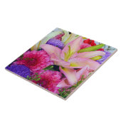 桃色のユリとダリアの花プリントセラミックタイル タイル (側面)