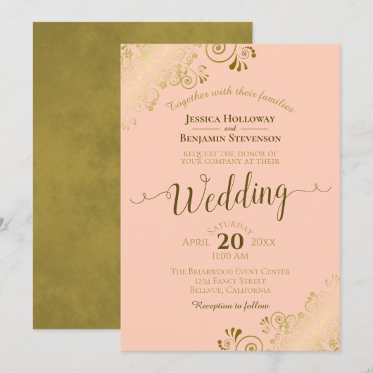 桃色の優雅なカリグラフィーに金のレースをあしらったエレガントなウェディング 招待状 (正面/裏面)