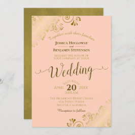 桃色の優雅なカリグラフィーに金のレースをあしらったエレガントなウェディング 招待状