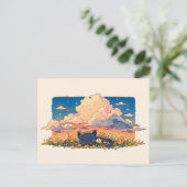 桃色の夕焼け雲で眠る黒猫 ポストカード (スタンド正面)