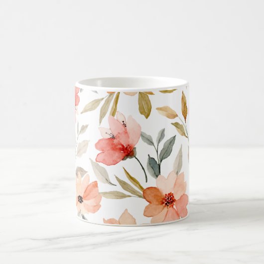 桃色の植物の花柄 コーヒーマグカップ (中央)