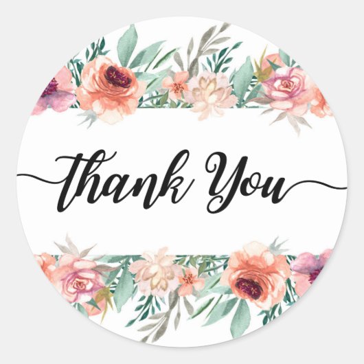 桃色の水色の花モダンありがとう ラウンドシール (正面)