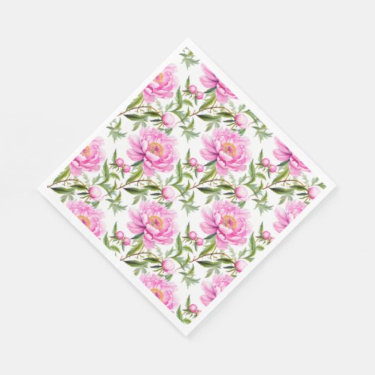桃色の牡丹の花とセージ・グリーン離れ スタンダードランチョンナプキン (角)