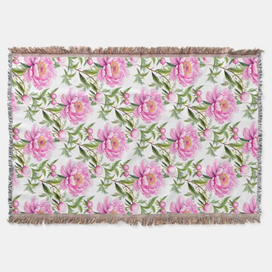 桃色の牡丹の花とセージ・グリーン離れ スローブランケット (正面)